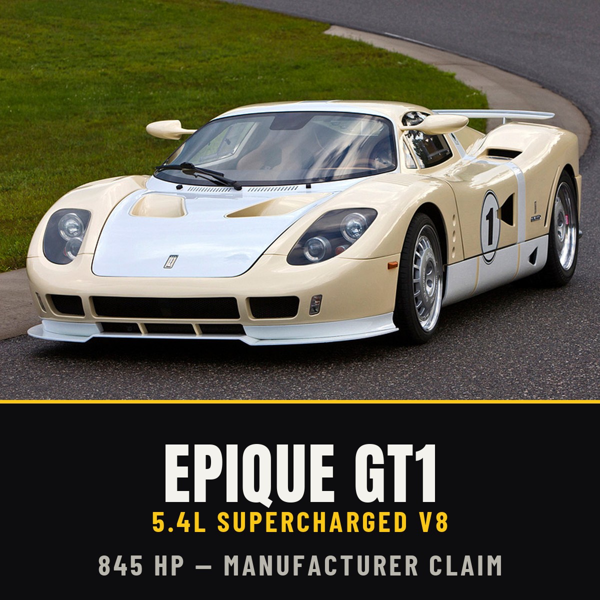 Epique GT1 tee design: the cream and white Epique GT1 prototype above the words EPIQUE GT1 — 5.4L Supercharged V8 · 845 HP — Manufacturer Claim