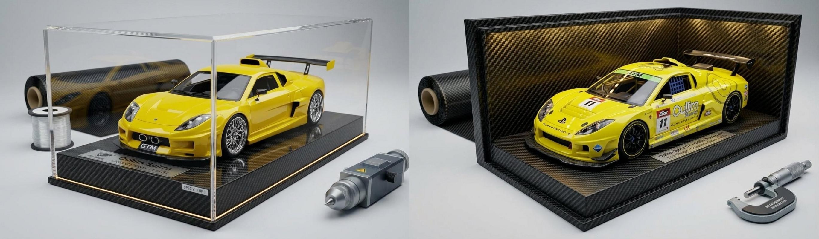 Race Car Diecast — both styles side by side: the yellow GTM in a clear case (Yellow GTM style) and the yellow #11 Oullim Racing GTM ( #11 GTM style), each presented in a carbon display case