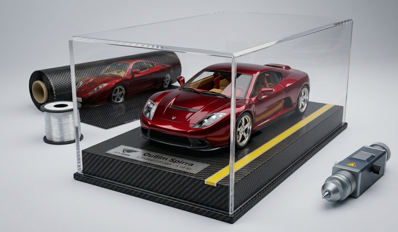 Original Diecast included in the Level 1 bundle: red Spirra model in a clear case on a carbon base