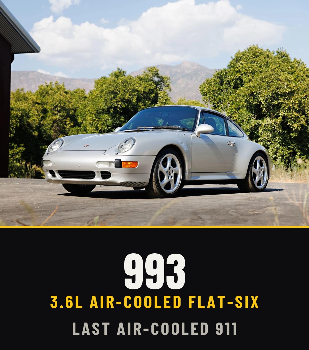 993 poster: the silver 993-generation 911 above the words 993 — 3.6L Air-Cooled Flat-Six · Last Air-Cooled 911