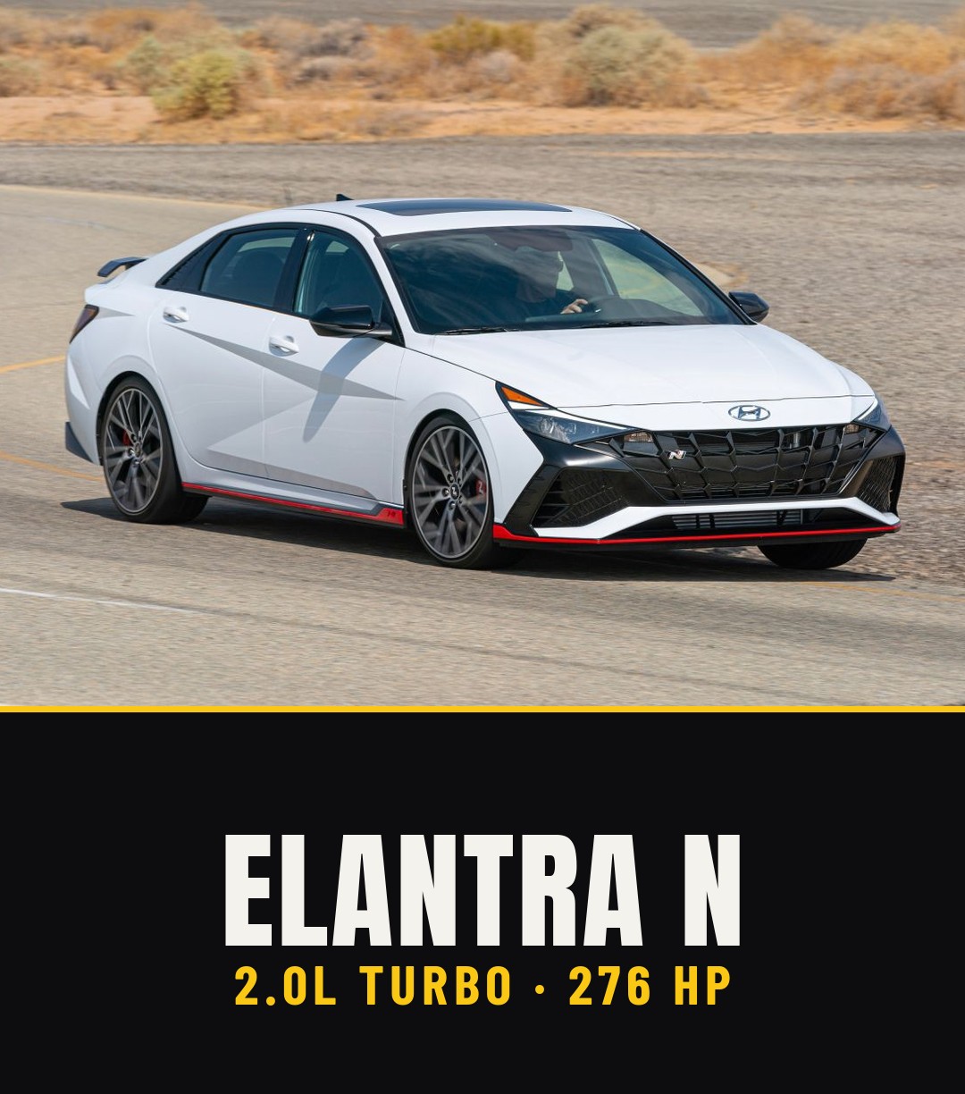 Elantra N poster: the white Elantra N on a desert road above the words ELANTRA N — 2.0L Turbo · 276 HP