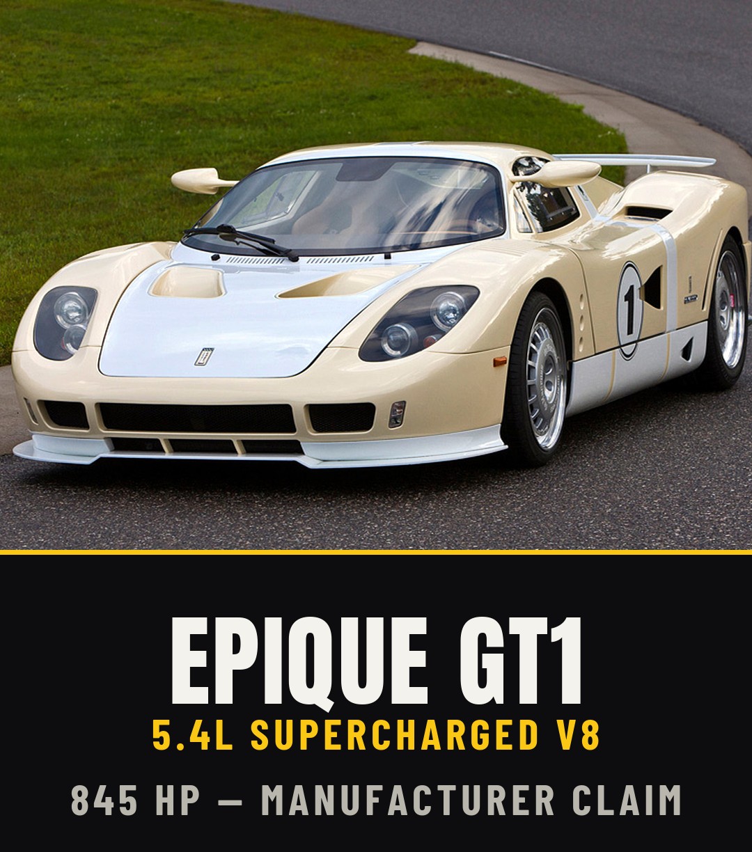Epique GT1 poster: the cream and white Epique GT1 prototype above the words EPIQUE GT1 — 5.4L Supercharged V8 · 845 HP — Manufacturer Claim